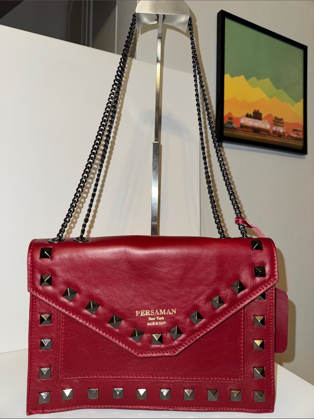 Persaman New York Adele Studded Italian Leather Crossbody Burgundy Gunmetal